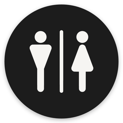 Karl og kona, hringlaga WC skilti, grafið, svart