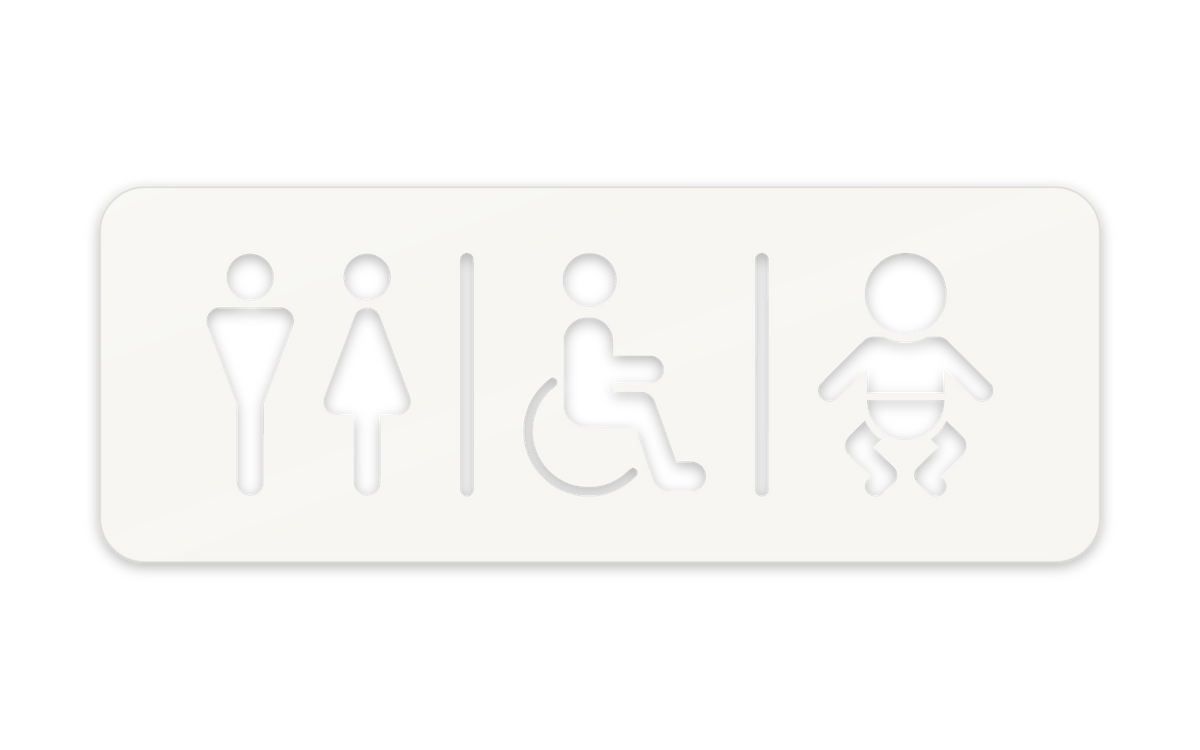 Ferhyrnt WC skilti með karli og konu, aðgengi og skiptiaðstöðu, útskorið, hvítt glans