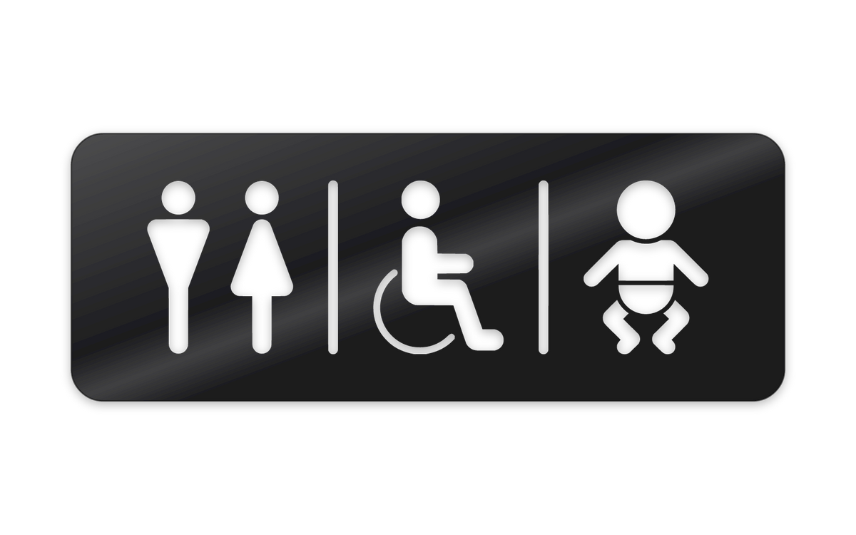 Ferhyrnt WC skilti með karli og konu, aðgengi og skiptiaðstöðu, útskorið, svart glans