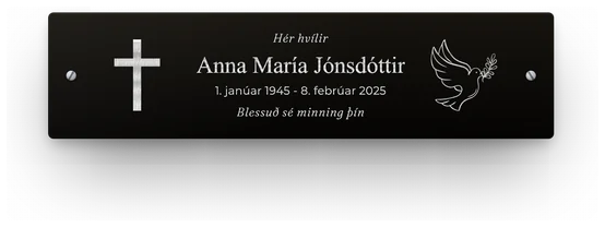 Minningarskilti á kross úr áli með krossi og dúfu